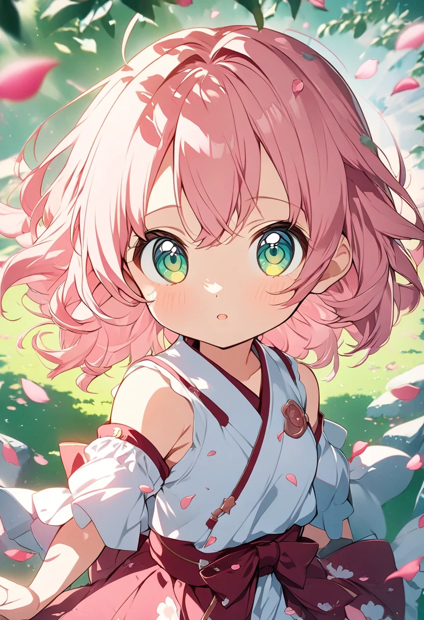 Anime girl with pink hair and green eyes posing for a photo, Haruno sakura, Best anime 4k konachan wallpaper, Enchanting anime girl, I also make fan art, sakura petals around her, Splash Art Anime Loli, Anime Style 4k, Anime Moe Art Style, High quality anime art style, Detailed anime artwork, Anime Wallpaper, Anime Best Girl