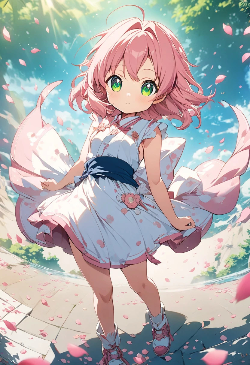 Anime girl with pink hair and green eyes posing for a photo, Haruno sakura, Best anime 4k konachan wallpaper, Enchanting anime girl, I also make fan art, sakura petals around her, Splash Art Anime Loli, Anime Style 4k, Anime Moe Art Style, High quality anime art style, Detailed anime artwork, Anime Wallpaper, Anime Best Girl