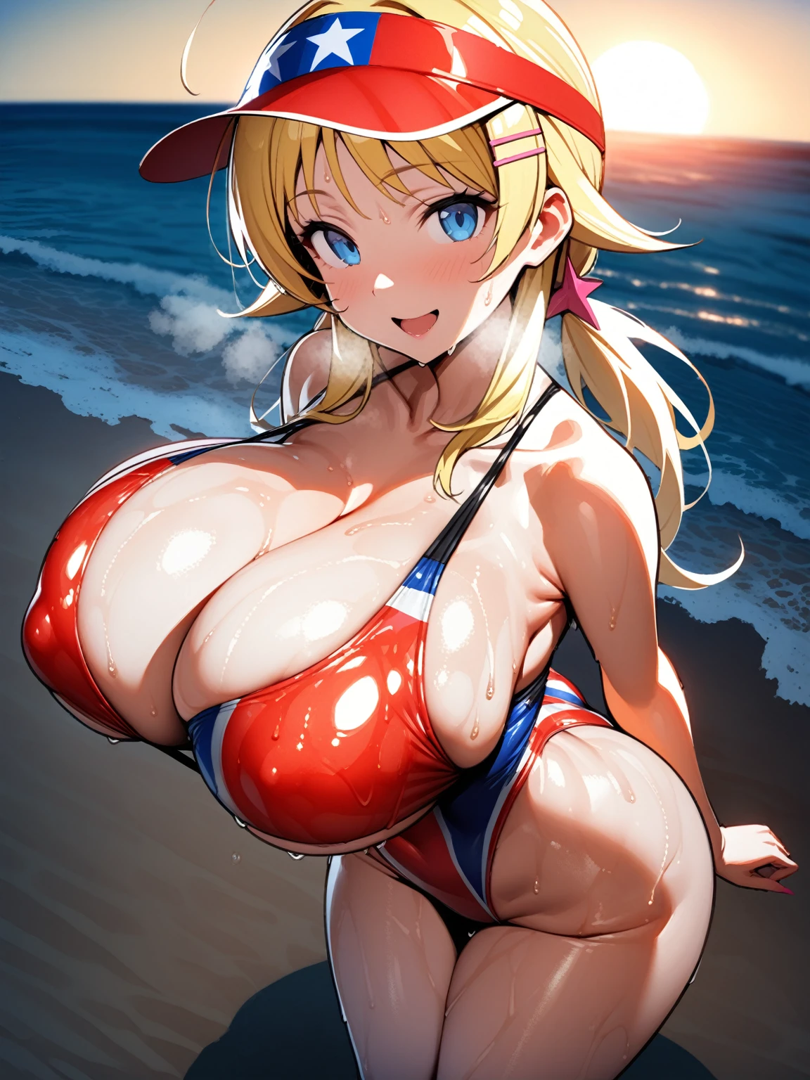 (nsfw,)(hachimiya meguru,blond hair,blue eyes,hairclip),((solo girl)),((Perfect body,))((Super beautiful,))((High quality,))((Heavy breathing,sweat, Sweaty and wet all over,)),backlit,shiny glossy,gigantic breast, Looking at Viewer,((Beach side, American swimsuit, sexy swimsuit, sun visor, cowboy shot,)),Smile,open mouth,nipples,(Show off your crotch by opening your crotch in a crouching posture,)squatting and straddling,After sunburn,((Turning your back to me, sticking out your butt,))She turns around with her back to me, sticking out her butt,from back view,Directly behind,