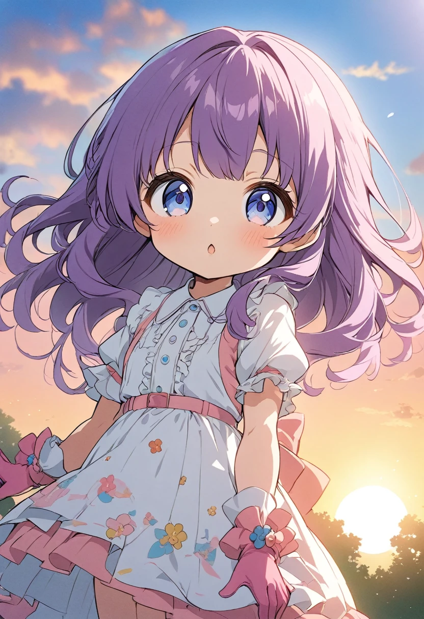 anime girl with long purple hair and pink gloves, anime マンガ ロボット!! anime Girl, Marin Kitagawa Fan Art, (anime Girl), anime Moe Art Style, anime Style, anime Best Girl, anime !!!!!!!!!!!!!!!, Zero-chan Art, anime Girl, Cute anime Manga Style, anime Art Style, Cute anime Girl [Guess Child], Yokoyari Mengo, Idol singer, blue sky, sunset
