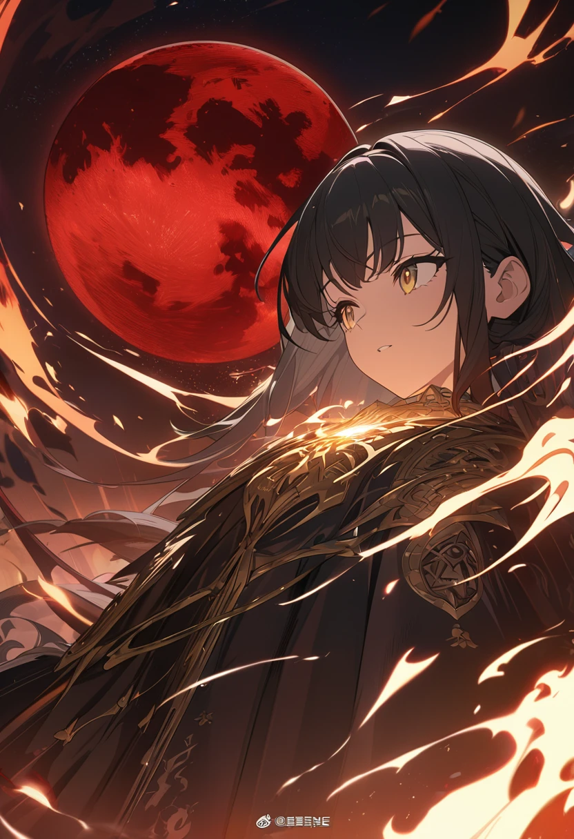 ((highest quality)), ((masterpiece)), (detailed)), logo design, text "Luz e Sombra", blood moon above the "i", golden text, elements of nature (air, stone, fire), half the text emitting light, other half emitting darkness, white background, intricate details, epic and mystical feel, anime style, high resolution, 8k HD