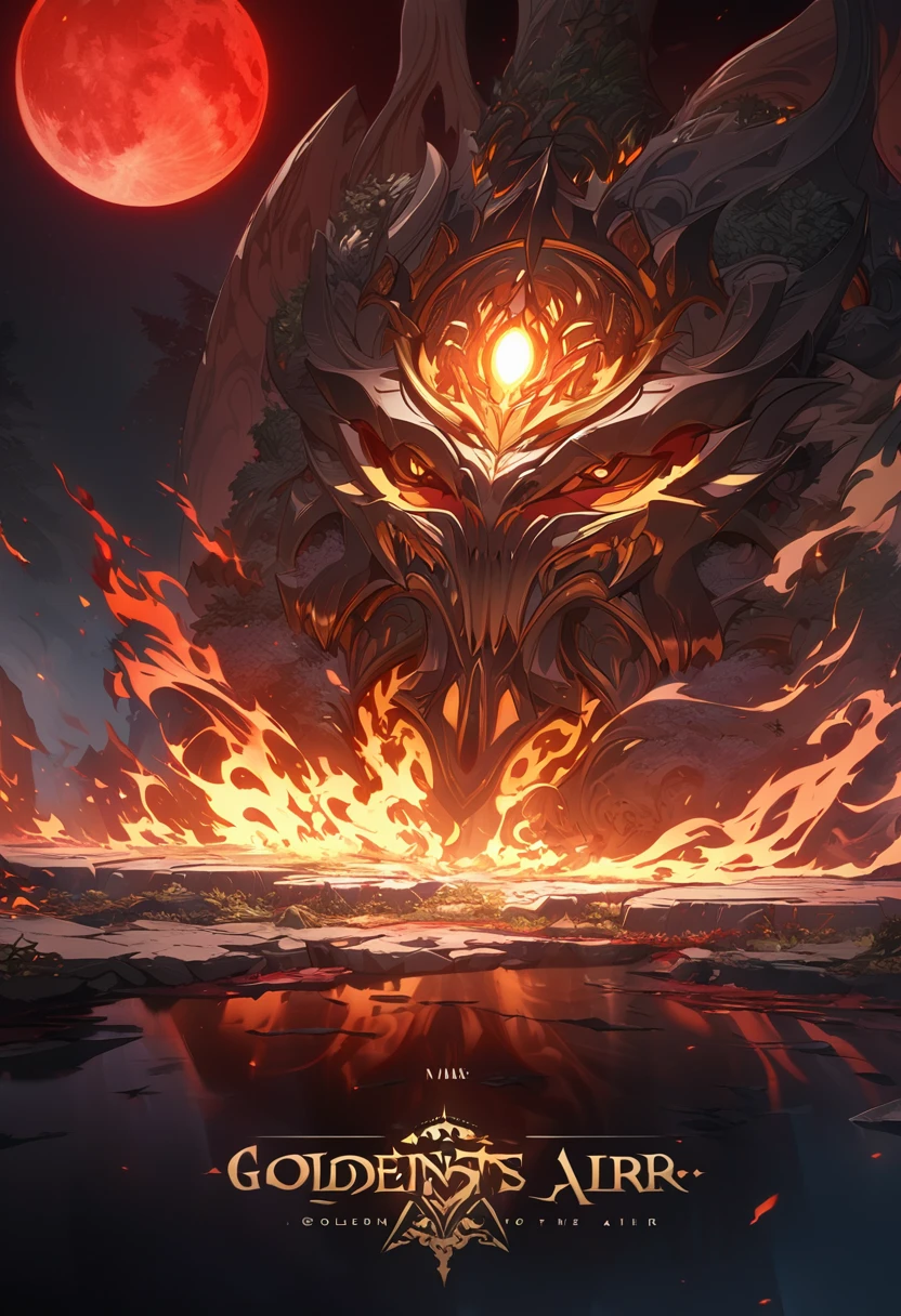 ((highest quality)), ((masterpiece)), (detailed)), logo design, text "Luz e Sombra", blood moon above the "i", golden text, elements of nature (air, stone, fire), half the text emitting light, other half emitting darkness, white background, intricate details, epic and mystical feel, anime style, high resolution, 8k HD