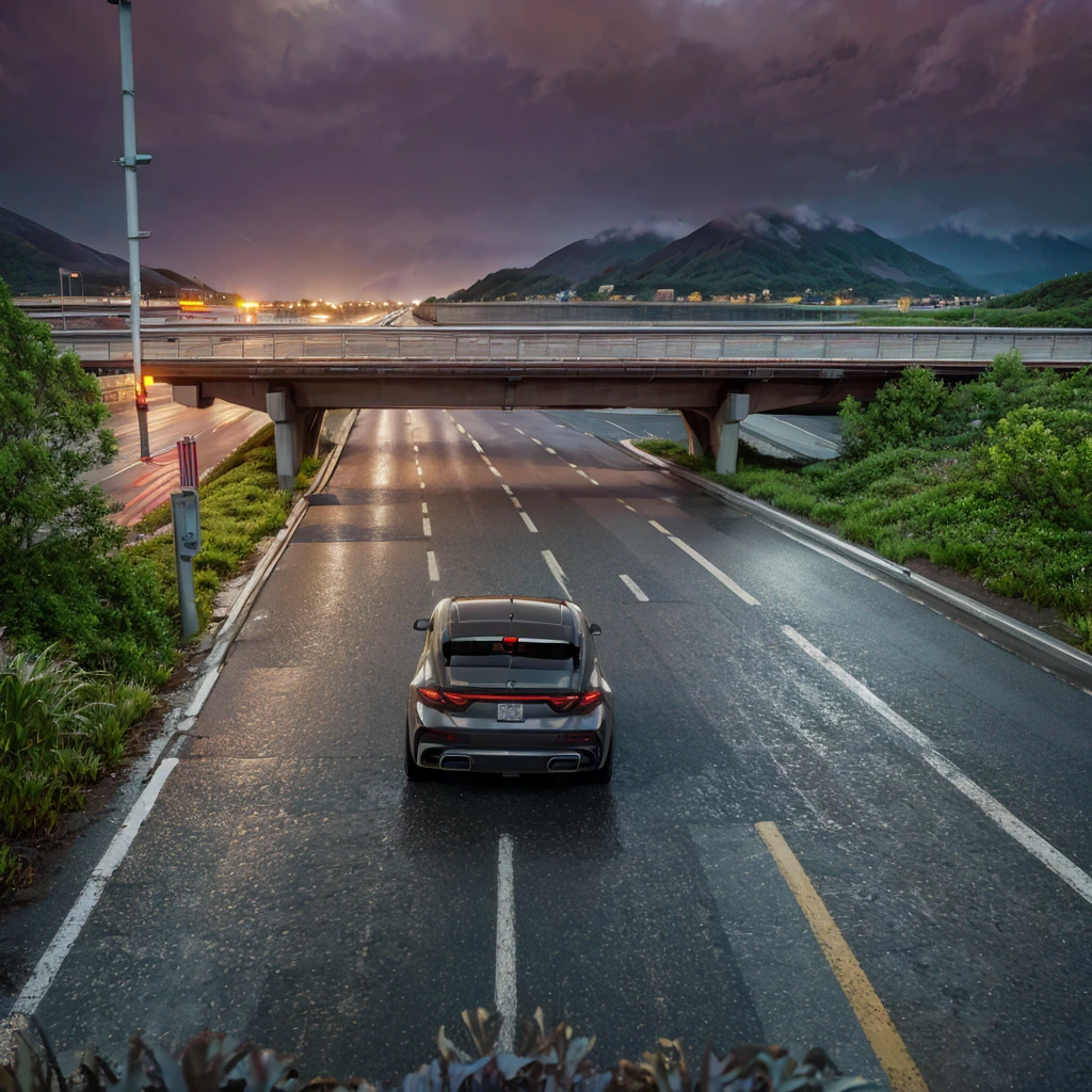 8K resolution driving on a highway bridge on a rainy night