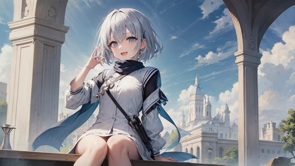 Her eyes were shining、Mysterious and enchanting atmosphere。With AI Painting、とてもShort Hair, Long bangs between the eyes, Grey Eyes , Very detailed,(masterpiece、Highest quality)、alone、Gray Hair、Fantasy, Silver Hair, Beautiful Eyes,Ecstasy, charm, attract the audience, Fantasyな風景、White shirt、smile、Open your mouth、Scarf、short hair、Short Hair、hairpin、Dark Eyes、Anime Eyes、Beautiful eyes、Eyes written in detail