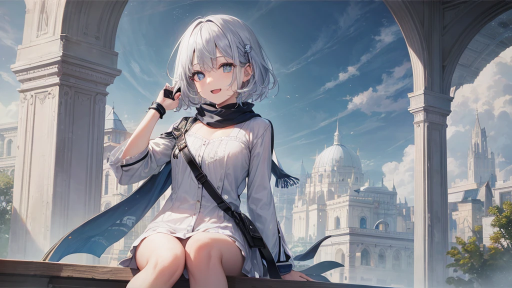 Her eyes were shining、Mysterious and enchanting atmosphere。With AI Painting、とてもShort Hair, Long bangs between the eyes, Grey Eyes , Very detailed,(masterpiece、Highest quality)、alone、Gray Hair、Fantasy, Silver Hair, Beautiful Eyes,Ecstasy, charm, attract the audience, Fantasyな風景、White shirt、smile、Open your mouth、Scarf、short hair、Short Hair、hairpin、Dark Eyes、Anime Eyes、Beautiful eyes、Eyes written in detail