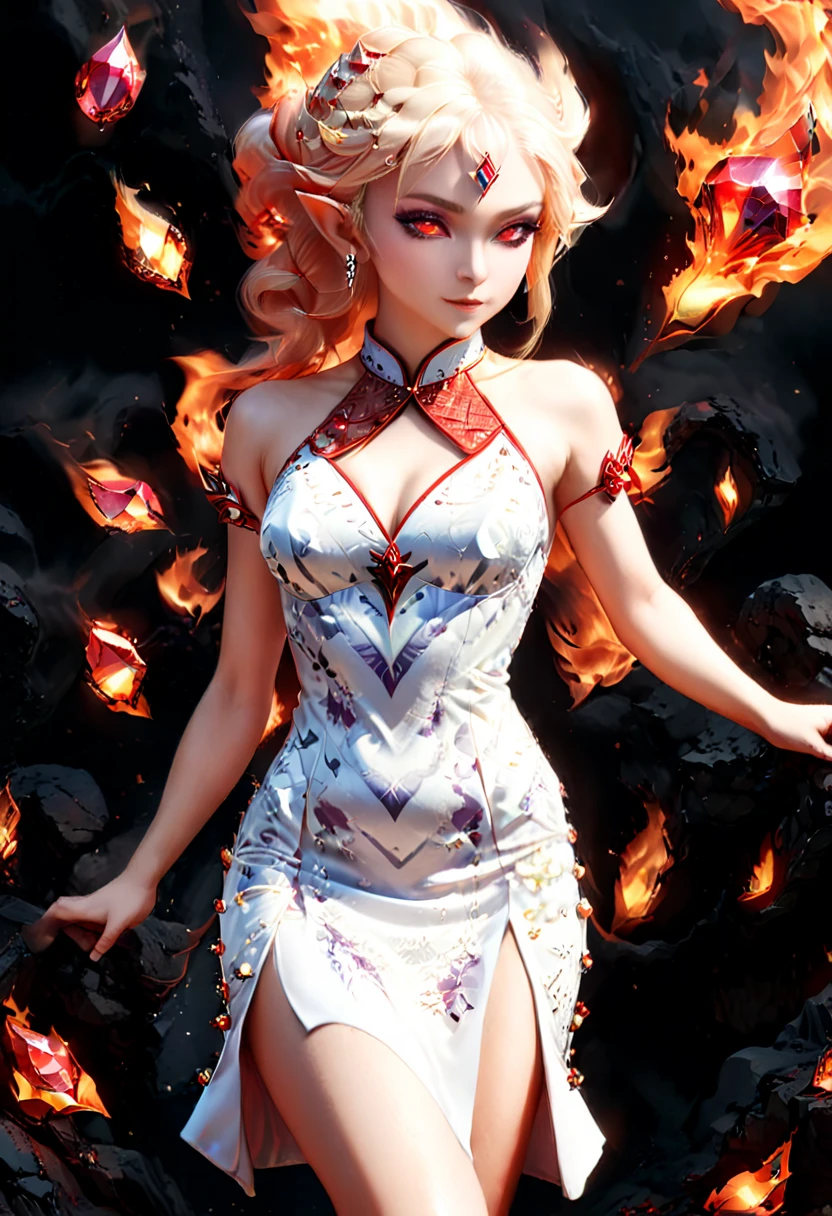 high details, best quality, 16k, [ultra detailed], masterpiece, best quality, (extremely detailed), full body, ultra wide shot, photorealistic, fantasy art, dnd art, rpg art, realistic art, an ultra wide picture of a female elf (intricate details, wearing fiery (white Cheongsam studded with red diamonds: 1.5), Masterpiece, best quality: 1.5) goddess of fire ((fiery radiant aura)), controlling a swirling red fire, fiery red radiant magic (1.5 intricate details, Masterpiece, best quality), manipulating purple radiant magical symbols, [[divine symbols]] (intricate details, Masterpiece, best quality: 1.5), elf female, (blond hair: 1.3), long hair, hair with aura, with red radiant eyes, intense eyes, (( red glowing eyes: 1.3)), she wears Cheongsam with fiery patterns, (the fire leaps from the patterns on Cheongsam into live fire: 1.3), fantasy volcano back ground, streams of lava, celestial background, ((divine worship atmosphere)), high details, best quality, highres, ultra wide angle, diam0nd, flame spirit