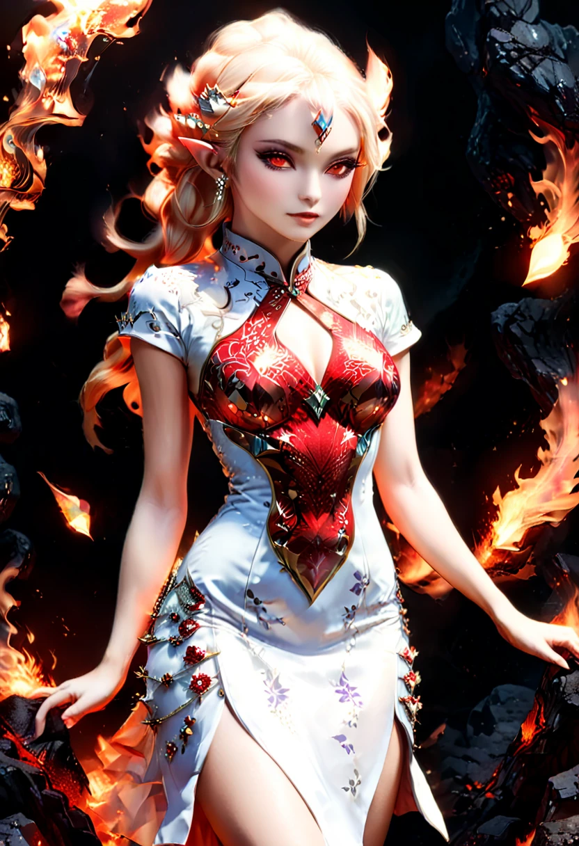 high details, best quality, 16k, [ultra detailed], masterpiece, best quality, (extremely detailed), full body, ultra wide shot, photorealistic, fantasy art, dnd art, rpg art, realistic art, an ultra wide picture of a female elf (intricate details, wearing fiery (white Cheongsam studded with red diamonds: 1.5), Masterpiece, best quality: 1.5) goddess of fire ((fiery radiant aura)), controlling a swirling red fire, fiery red radiant magic (1.5 intricate details, Masterpiece, best quality), manipulating purple radiant magical symbols, [[divine symbols]] (intricate details, Masterpiece, best quality: 1.5), elf female, (blond hair: 1.3), long hair, hair with aura, with red radiant eyes, intense eyes, (( red glowing eyes: 1.3)), she wears Cheongsam with fiery patterns, (the fire leaps from the patterns on Cheongsam into live fire: 1.3), fantasy volcano back ground, streams of lava, celestial background, ((divine worship atmosphere)), high details, best quality, highres, ultra wide angle, diam0nd, flame spirit