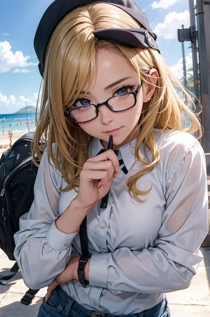 最high quality, high quality, High resolution, high quality texture, high quality shadows, High resolution, Beautiful details, Detailed CG, Detailed Texture, Realistic representation of face, Realistic, colorful, delicate, Cinematic Light, Side light, Lens flare, Ray Tracing, sharp concentrated, (1 Girl,concentrated:1.3), ( Intricate details, compensate, PureErosFaceV1:0.5), (細部まで美しいdelicateな顔, 緻密で美しいdelicateな瞳, Perfect Facial Proportions, Dense skin, Optimal ratio of four fingers to one thumb, Modest chest, Beautiful Hips, Smooth upper abdomen, blue eyes , glasses ,White shirt, mountaineering pants ,trekking shoes, work cap, Hawaii, Waikiki Beach ,buzzer, blue sky,trekking backpack ,adventure journey ,the gaze of true love, lips of temptation, A look full of compassion ,a smile full of love, i love you, Acting lovey-dovey, waist up, 35 years old, hiking,house wife,air fortress hair, blonde hair