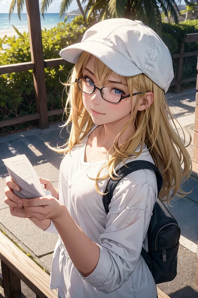 最high quality, high quality, High resolution, high quality texture, high quality shadows, High resolution, Beautiful details, Detailed CG, Detailed Texture, Realistic representation of face, Realistic, colorful, delicate, Cinematic Light, Side light, Lens flare, Ray Tracing, sharp concentrated, (1 Girl,concentrated:1.3), ( Intricate details, compensate, PureErosFaceV1:0.5), (細部まで美しいdelicateな顔, 緻密で美しいdelicateな瞳, Perfect Facial Proportions, Dense skin, Optimal ratio of four fingers to one thumb, Modest chest, Beautiful Hips, Smooth upper abdomen, blue eyes , glasses ,White shirt, mountaineering pants ,trekking shoes, work cap, Hawaii, Waikiki Beach ,buzzer, blue sky,trekking backpack ,adventure journey ,the gaze of true love, lips of temptation, A look full of compassion ,a smile full of love, i love you, Acting lovey-dovey, waist up, 35 years old, hiking,house wife,air fortress hair, blonde hair