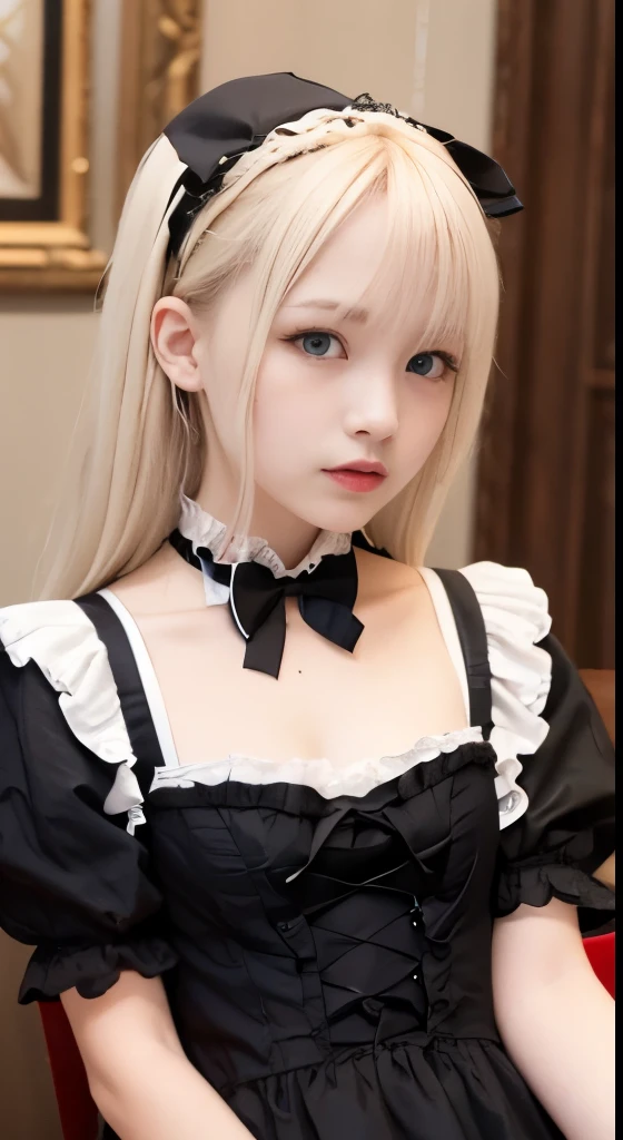 (Tabletop, Highest quality:1.2), 8K, 85mm, Official Art, RAW Photos, Absurd, Platinum Blonde Hair, (blue eyes, Lolita Fashion, Sweet Lolita, Gothic, dress:1.2), Idol's face, Upper Body, beautiful girl, Gardeniass, Copenhagen, Short sleeve, grace, Sophisticated, Gardenia, View your viewers, Film Grain, chromatic aberration, Sharp focus, Face Light, Dynamic Lighting, Cinema Lighting, Detailed face, Bokeh Background