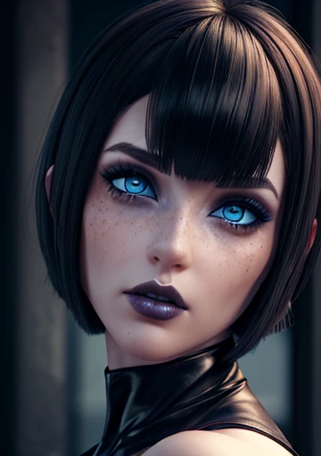 Extravagant busty girl naked gothic makeup voluminous lips big blue eyes freckles on the face, bob style cut with bangs and beautiful detailed face, full body 1.2 slender large details landscape in 3D rendering high resolution wallpaper 