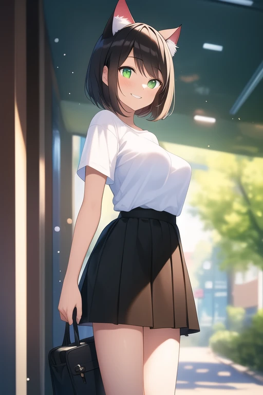 ((best quality)), ((masterpiece)), (detailed), 1girl, medium sized breasts, feminine short hair, black hair, gorgeous women, cat ears, green eyes, vertical slit pupils, medium sized skirt, black skirt, female t-shirt, white shirt, university campus background, smiling expression, wide shot, full body, standing, front shot, blue sky