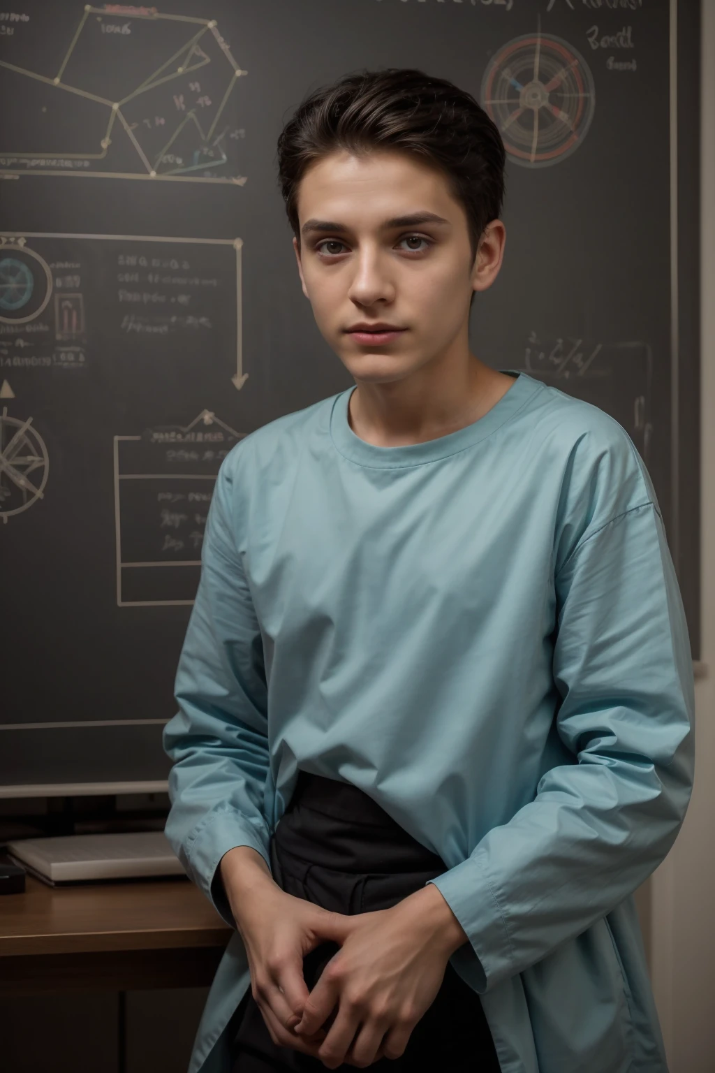 A young beautiful doctor, a twink, a cute male, with a face with make-up on, and he is wearing a long-sleeved aquamarine shirt and black jeans. He is in his luxurious scientific office, and behind him is a blackboard on which neurons and calculus are written, and he looks in amazement and shock, and his eyes have dark circles underneath them, and he is there.  Black hair and a red face with makeup