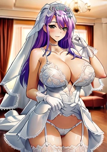 green_eye, purple_hair, (hair spread out:1.2),
(masterpiece:1.2), Highest quality, Game CG,very_detailed,very_detailed_CG_Unity_8K_wallpaper,figure,High resolution,Absurd,throw, Window Shades, Particles of light,
One girl, blush, night, (bride:1.3), indoor, (Portraiture:1.3), church,
(Bridal Veil:1.2), Bridal Gauntlet, Bridal Garter, dress, White gloves, compensate, Knee socks, (wedding dress:1.4), (white dress:1.2), White legwear, Lace trim, lipstick, (dress lift:1.5), White panties, Lace trimのパンティー, Bare shoulders, choker, necklace,
(Are standing:1.3), Huge breasts, smile, View your viewers,
