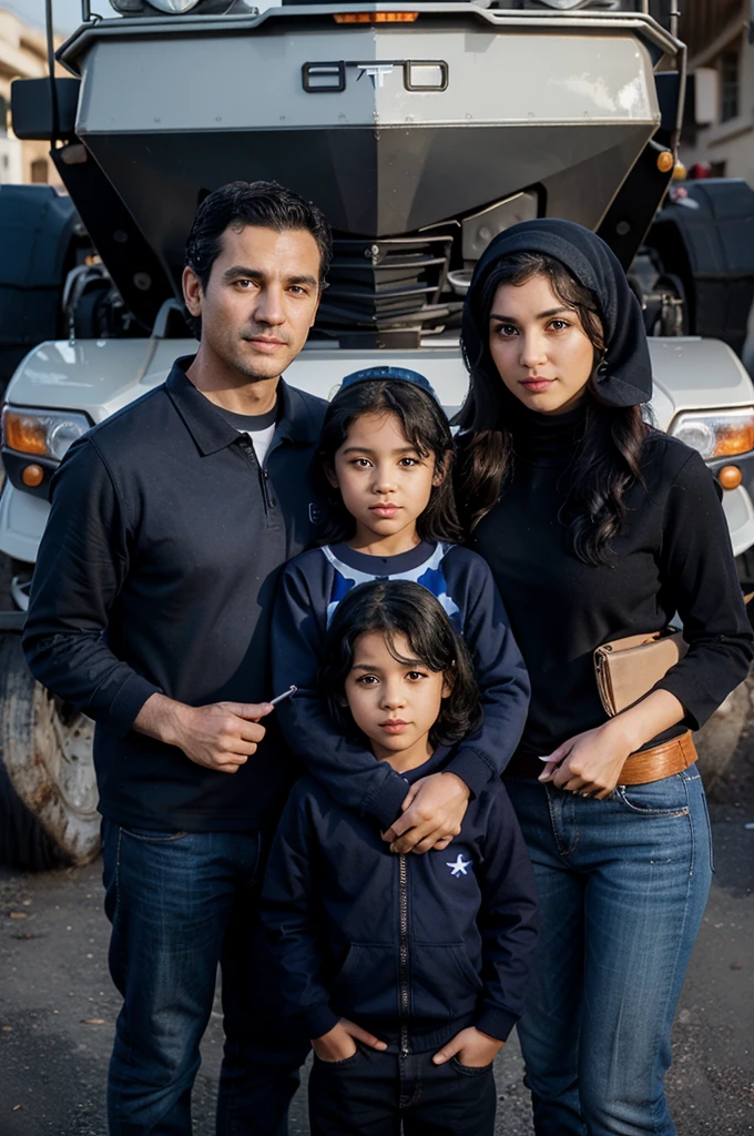 Realistic image of Family photo in front of ATV. Father and mother wear navy blue clothes with an ATV pattern, mother wears a hijab, daughter with curly black hair wears an ATV picture, three year olaight black hair
