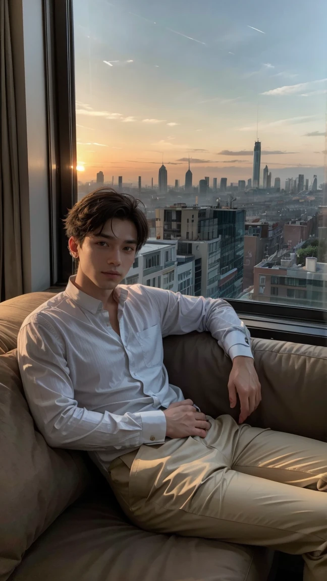 Make a man, wearing a modest outfit sitting on a sofa in the background of a window with a lovely view of the city by sunrise