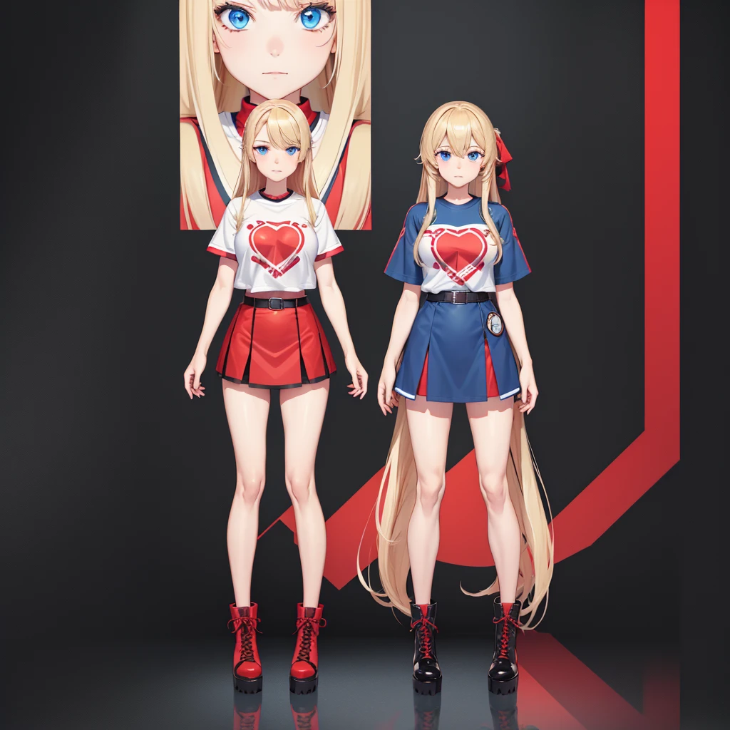 A solo full-body anime vtuber girl with long blond hair, blue eyes, medium breasts, wearing a t shirt, a red belted miniskirt and high boots. With simple background and outlined design to subdivide the body.