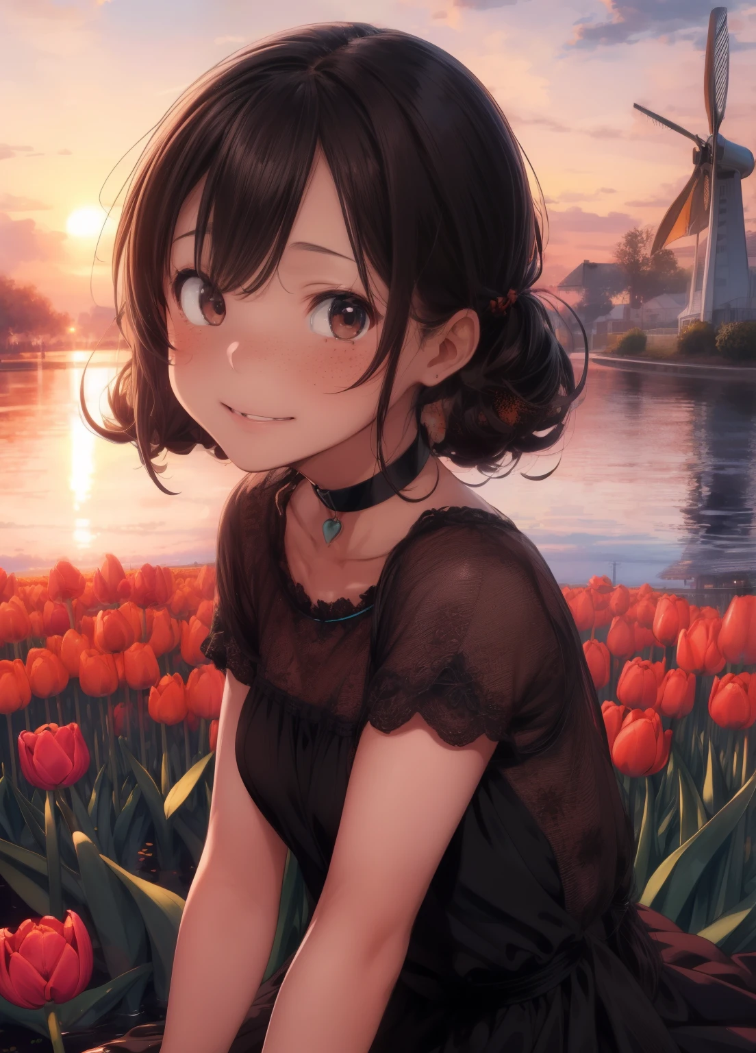 (masterpiece、Highest quality、Highest quality、Official Art、Beautiful and beautiful:1.2)、(One girl:1.3)Hatsune Miku、Twin tails,Beautiful breasts,Super detailed, Very detailed, masterpiece, Highest quality, Highest quality, Ridiculous, High resolution, Scattered beneath the surface, (One girl: 1.5), (alone: 1.4), smile, (Black curly hair), (Curly Bob Haircut:1.2), Asymmetrical Hair, Asymmetrical bangs, Shortwave Van, (Dark brown eyes:1.2), Round eyes, Fine grain, perfect brown eyes, Rendering brown eyes, (View your viewers: 1.1), Dynamic pose, Dynamic Angle, whole body, Detailed skin, Skin pores, Shiny skin, Shiny skin, (Skin Dentition:1.2), (Light freckles:1.2), Large Breasts, Hair flow, Idol, (blue summer dress:1.2), summer, (sunset), Outdoor, orange sunset sky, (Tulip Fields:1.2), (water:0.8 ), (Detailed Background: 1.2), (Complex background: 1.2), Depth of written boundary, Small choker, (Little ),