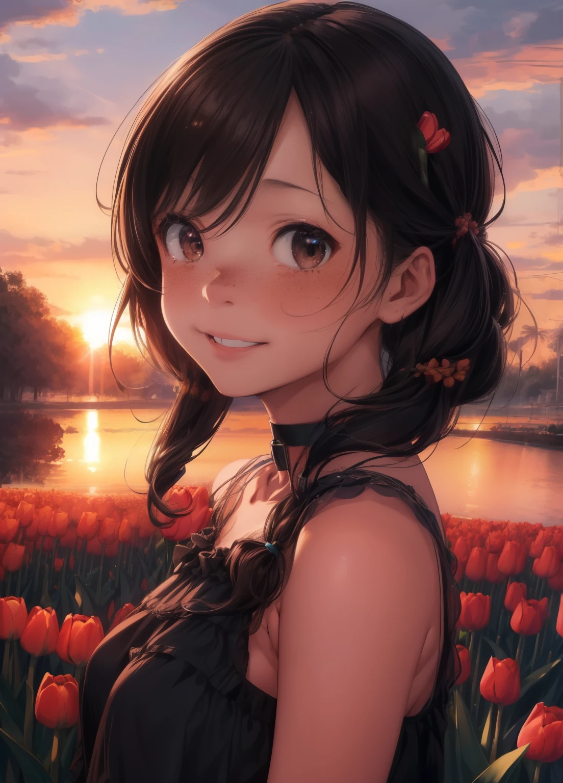 (masterpiece、Highest quality、Highest quality、Official Art、Beautiful and beautiful:1.2)、(One girl:1.3)Hatsune Miku、Twin tails,Beautiful breasts,Super detailed, Very detailed, masterpiece, Highest quality, Highest quality, Ridiculous, High resolution, Scattered beneath the surface, (One girl: 1.5), (alone: 1.4), smile, (Black curly hair), (Curly Bob Haircut:1.2), Asymmetrical Hair, Asymmetrical bangs, Shortwave Van, (Dark brown eyes:1.2), Round eyes, Fine grain, perfect brown eyes, Rendering brown eyes, (View your viewers: 1.1), Dynamic pose, Dynamic Angle, whole body, Detailed skin, Skin pores, Shiny skin, Shiny skin, (Skin Dentition:1.2), (Light freckles:1.2), Large Breasts, Hair flow, Idol, (blue summer dress:1.2), summer, (sunset), Outdoor, orange sunset sky, (Tulip Fields:1.2), (water:0.8 ), (Detailed Background: 1.2), (Complex background: 1.2), Depth of written boundary, Small choker, (Little Loli),