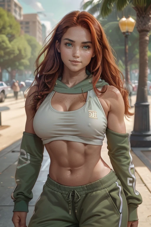 Athletic fit 30 year old woman, amazingly long wavy  red hair down her back, big beautiful green eyes, freckles, muscle tone, wearing low-rise oversized sweatpants, and a huge loose baggy oversized low-cut cut-hoodie with wide open arm-holes, her top is designed for movement so it is loose with holes to allow muscle breathing and movement, cleavage, small muscle definition in shoulders, curvy, wide hips, thick thighs, nice big muscular ass, mature face, grinning, tattoos, in a beautiful park in the morning, Instagram model