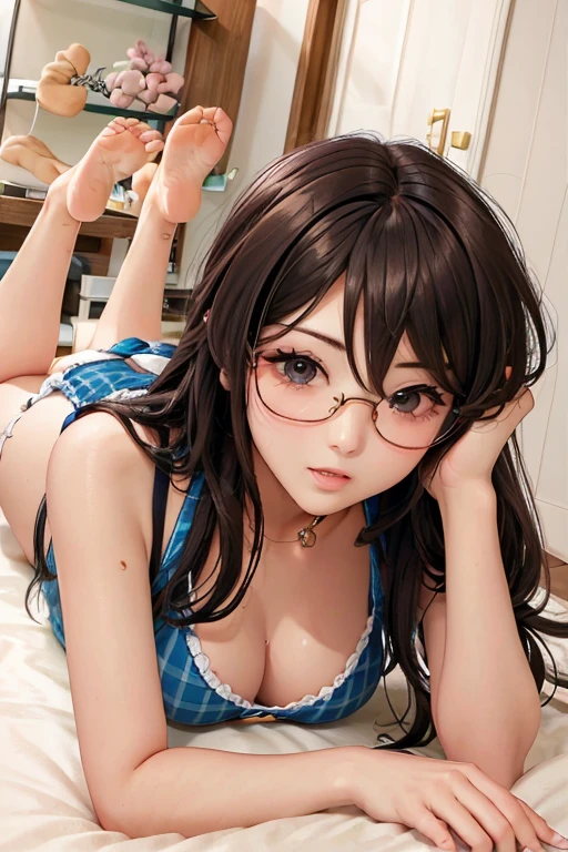 Highest quality、masterpiece、High sensitivity、High resolution、Detailed Description、Slim Body、Glasses、looks fun、Plaid one piece、Lying down、Wink、