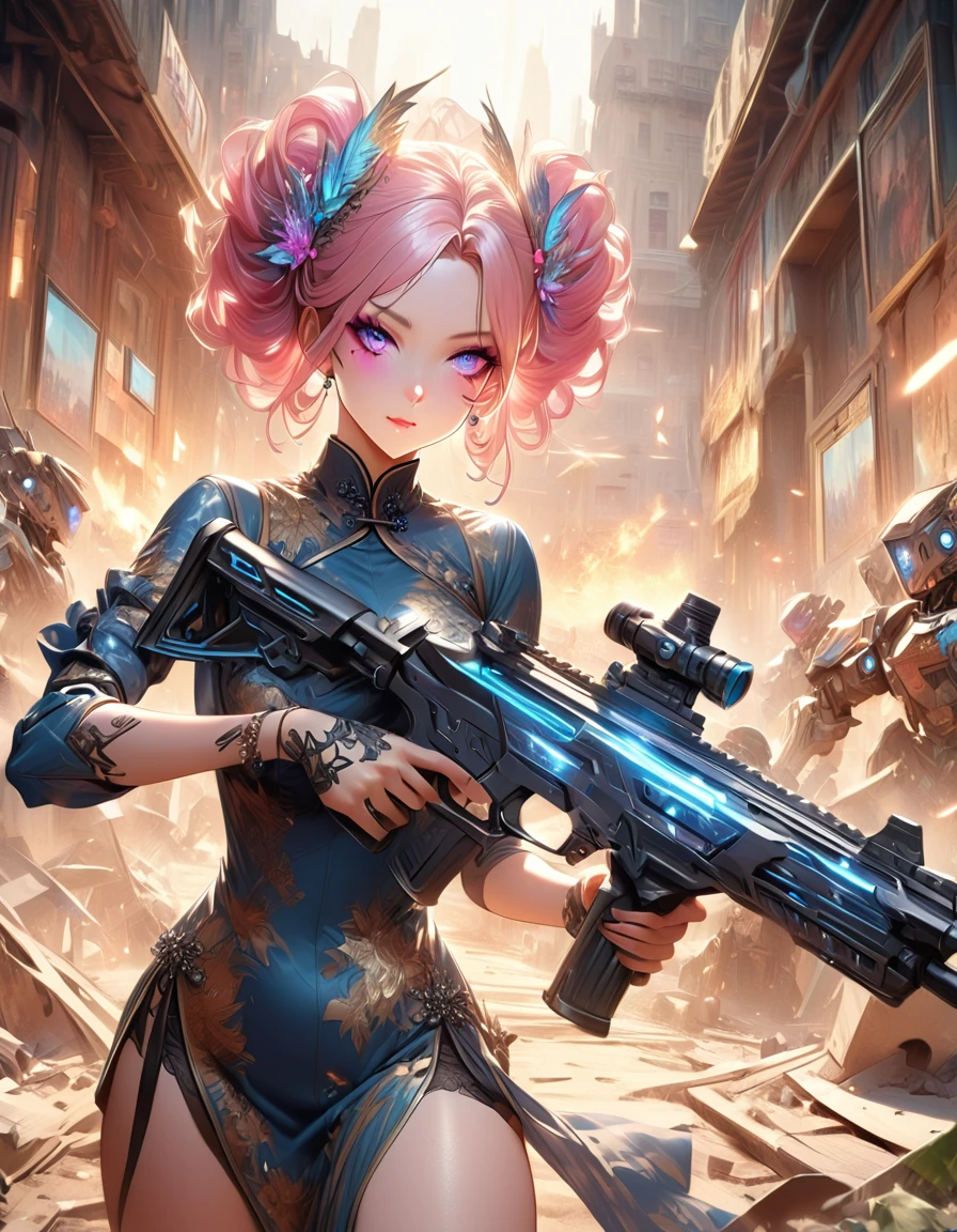Young and beautiful woman_robot,Retro hairstyle,Retro makeup,Grinning face,Ideal body proportions,Full breasts,((Night camouflage_Tight Fit_Chinese dress:1.9)),(Rapid Fire Assault Rifle:1.7),(motion blur effect:1.5),(The casino was in chaoadness and destruction:1.4),(Highest quality,4K,8K,high resolution,masterpiece:1.2),Ultra Detailed,(lifelike,Photorealistic,Photorealistic:1.37),Detailed facial features,Intricate clothing patterns,striking pose,Dramatic lighting,Film composition,Vibrant colors,Dystopian atmosphere,painting,