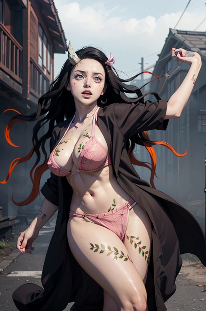 (ultra realistic photo of Nezuko kamado goddess of beauty, bright pink eyes, angry angry expression, she has a horn, 8k, UHD, hottie with ultra giant breasts, huge long breasts sticking out of her kimono, erotic, with long black hair and orange tips, sexy pink japanese kimono, she doesn't wear panties showing her tattooed pussy, pubic hair showing), Nezuko with a piece of bamboo stuck up her ass, (Nezuko, Nezuko-chan, Demon Slayer art style, kimetsu on yaiba), Hentai female anime character, (Nezuko, in her demon form, Huge breasts, giant long breasts sticking out of her clothes, her breasts stick out of her kimono, showing beautiful pointy breasts), (length of ultra giant breasts goes down to her toned stomach, she has leaf tattoos running down her sexy erotic body), Demon Slayer rui fanart, wielding kunai, Marin Kitagawa Fanart, clean and detailed anime art, a very beautiful berserker woman, by Kamagurka, professional art, perfect detailed, (Nezuko kamado in her demonic form showing her giant and hairy pussy, based on the demon slayer kimetsu no yaiba), nudes, nude porn