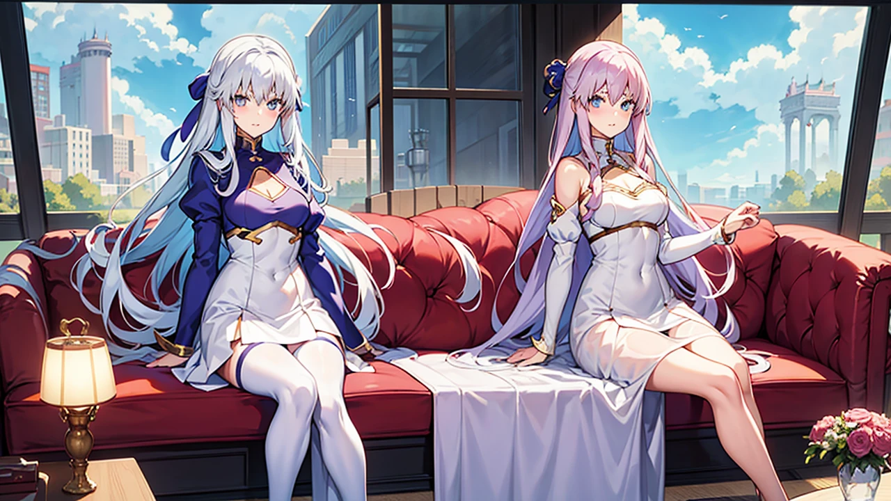 Anime girl, illyasviel von eisenberg, fate stay night, fate series, cute girl, sitting on couch, beautiful noon sky, anime girl on terrace