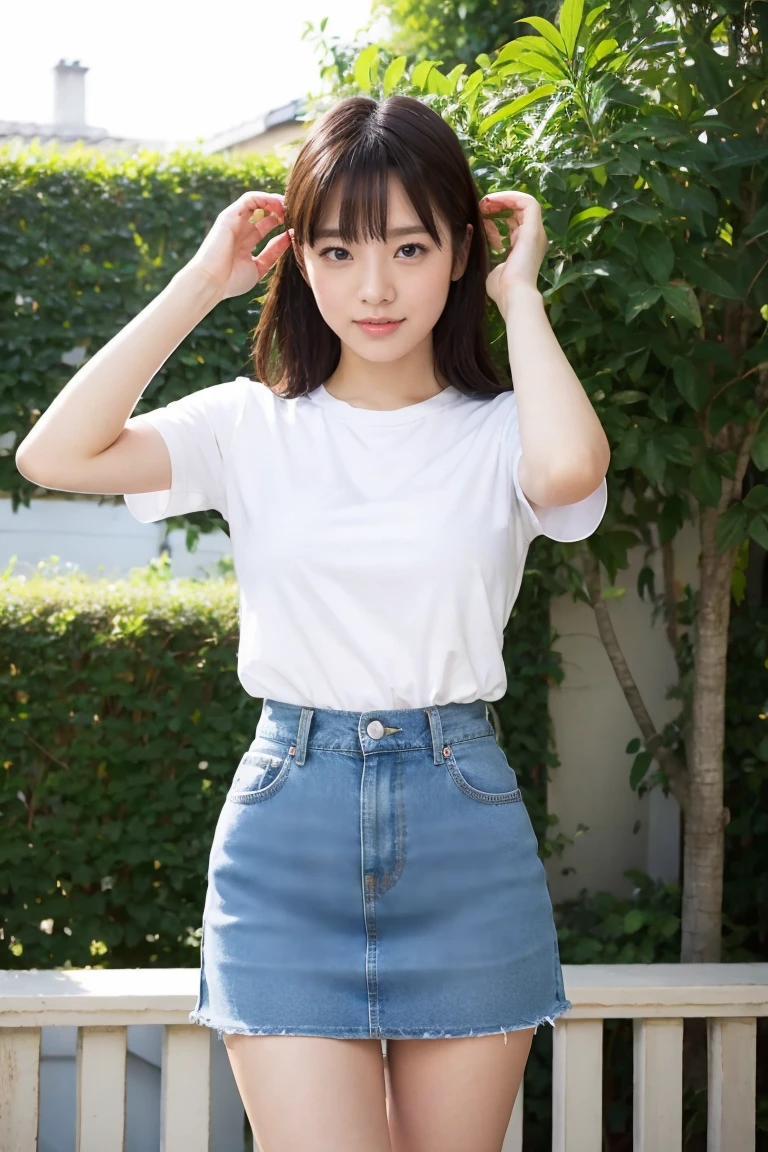 Medium Size Display, Medium Shot, Written boundary depth, Photograph the whole body, Movie angle,Action pose、masterpiece, Highest quality, Very detailed, CG, 8k wallpaper, Beautiful Face, Delicate eyes, Otome, alone, smile, cute、White short sleeve T-shirt,Light Blue Denim Mini Skirt