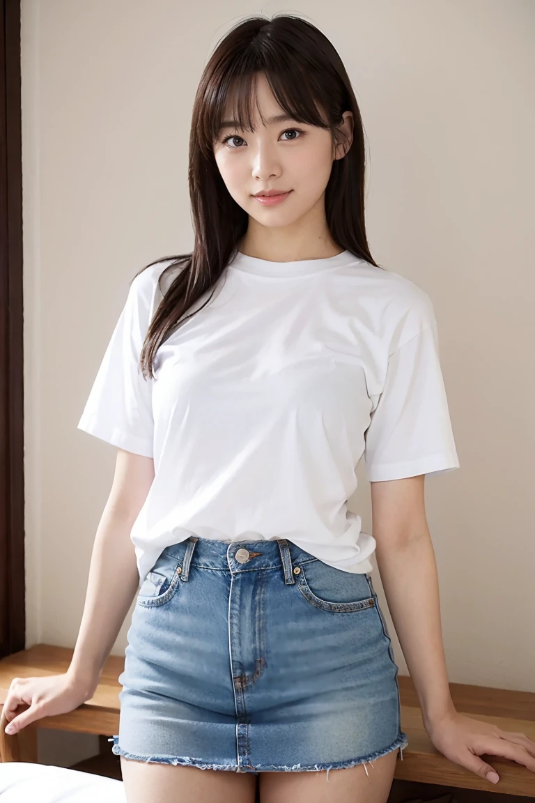 Medium Size Display, Medium Shot, Written boundary depth, Photograph the whole body, Movie angle,Action pose、masterpiece, Highest quality, Very detailed, CG, 8k wallpaper, Beautiful Face, Delicate eyes, Otome, alone, smile, cute、White short sleeve T-shirt,Light Blue Denim Mini Skirt