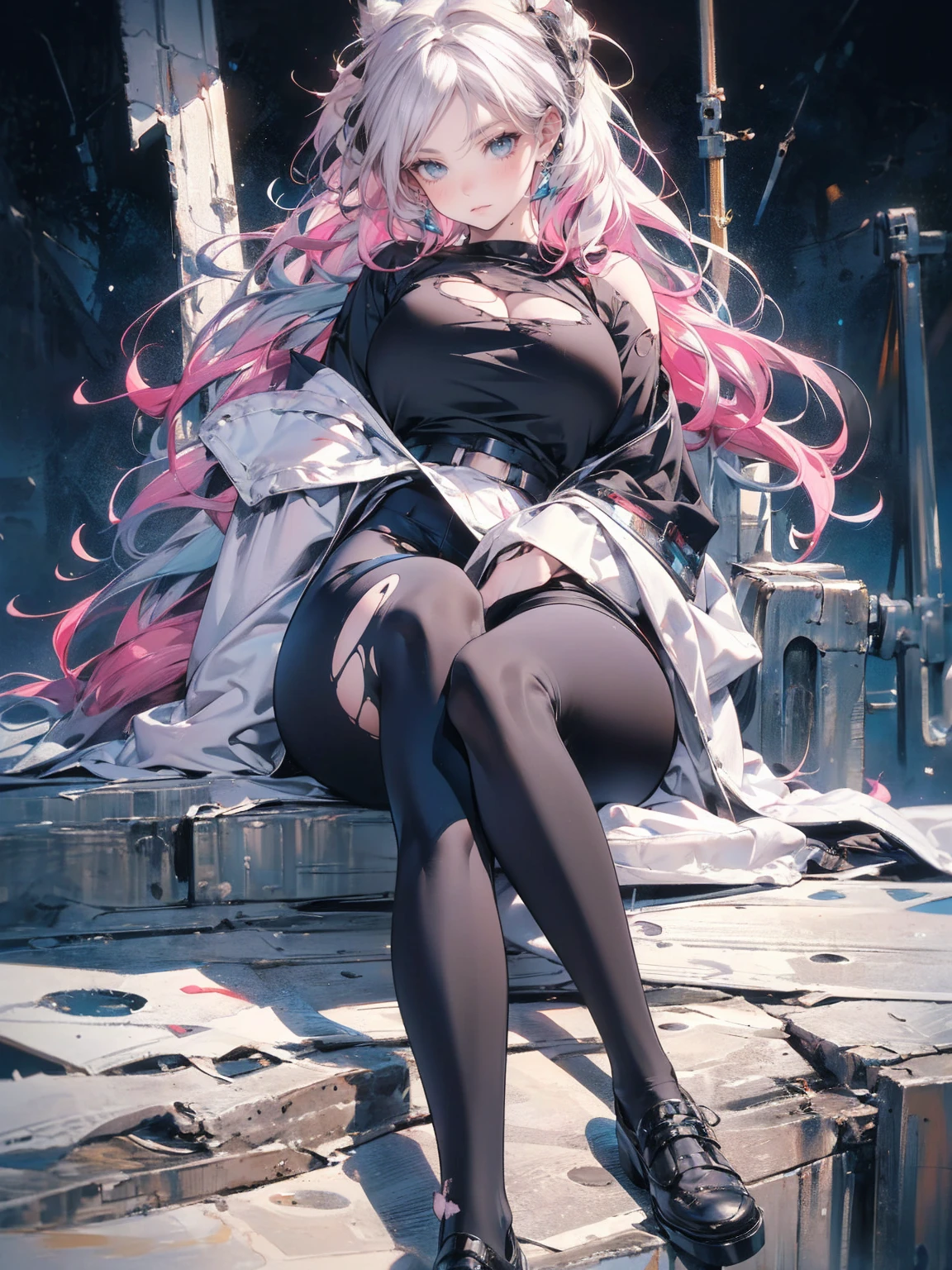 (((unique look:1.5, The eyes of famous artists, Unique Fashion, Slit Skirt)))、Pink Hair　(White Hair Girl), (Thick, dark blue eyebrows:1.4), (Dark blue eyebrows:1.7), (Thick eyebrows:1.3), (Huge black fluffy animal ears:1.1), (Black animal ears:1.1), BREAK, (((mesh, Mesh Stitching Crop T-Shirt, Cutout Long Sleeve Top))),BREAK, (Big Breasts:1.2, Thick legs, Adult female body, Sturdy body:1.5), , (sharp eyes, Ultra-high definition CG, Precisely designed costumes, 4K, 8K, Ultra-high definition CG, , Expressive and Captivating Eyes, Fine Details and Realistic Textures, cinematic lighting), , BREAK, (Wearing black leggings with holes), Skinny sleeves, (Torn and holey leggings:1.2)(Black leggings:1.4), (Punkish Boots:1.2), (Thick sole:1.5), (Big shoes:1.3), ((unique look:1.5, The eyes of famous artists))　
