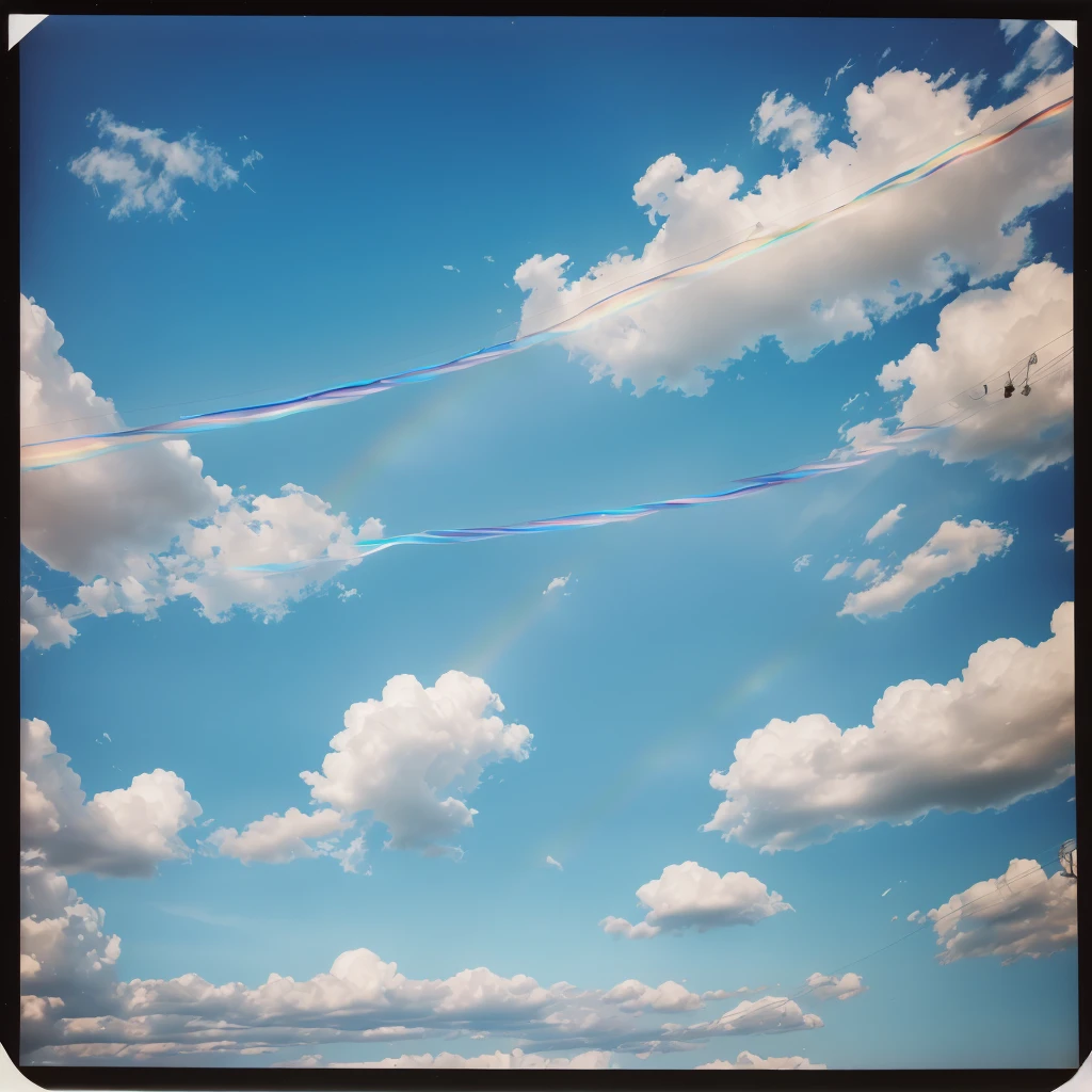 Polaroid photo, clear blue sky with rare clouds, one semi-transparent rainbow, electric wires, retro vibe, light sepia