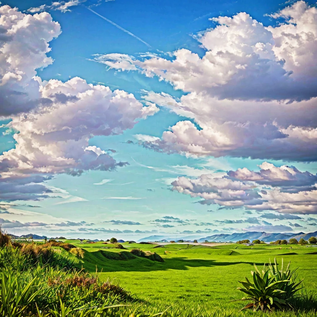 8K resolution grassland, blue sky, white clouds, scorching sun