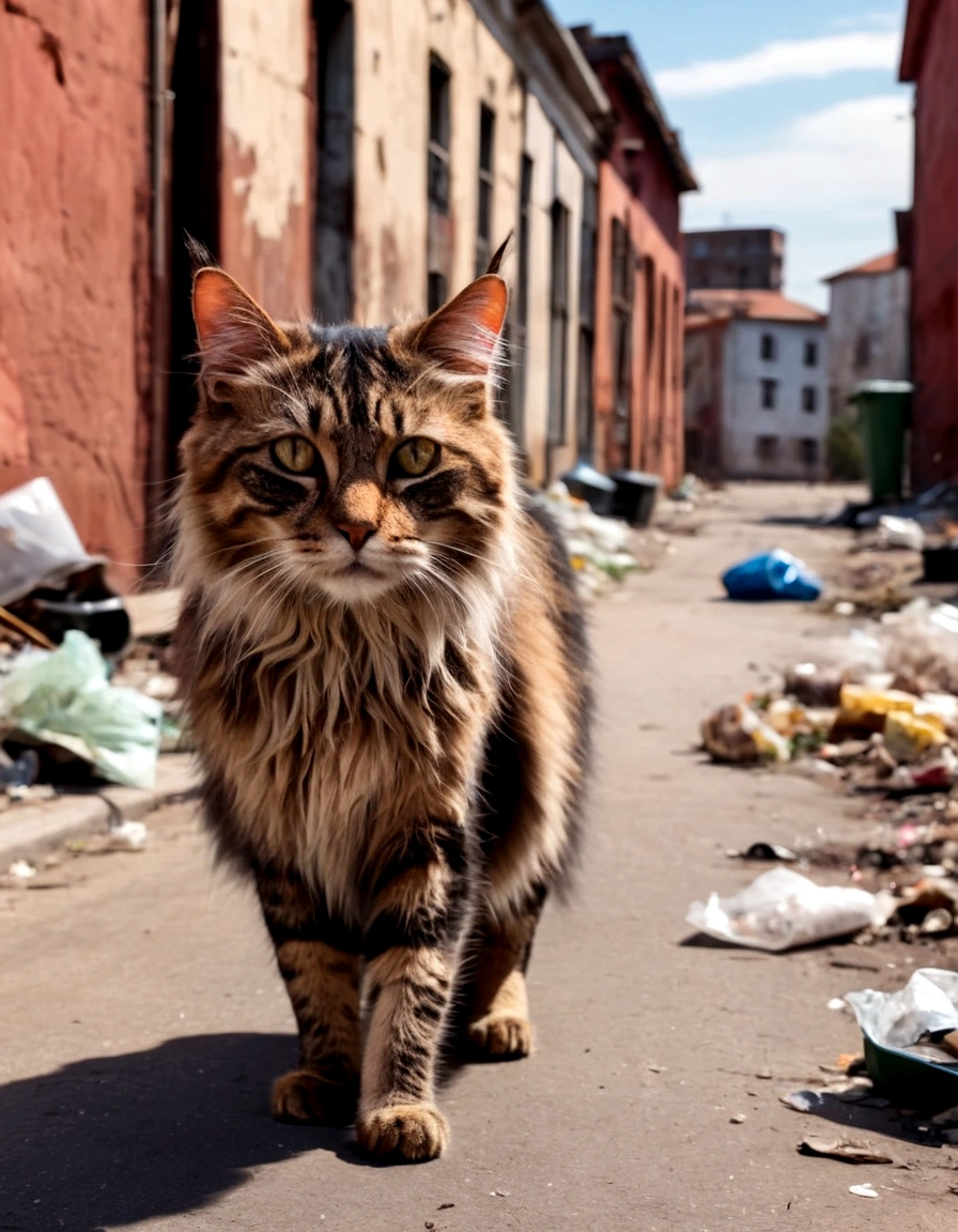 A stray cat with matted fur and sad eyes walks along an empty street. In the background, old buildings and scattered trash can be seen.