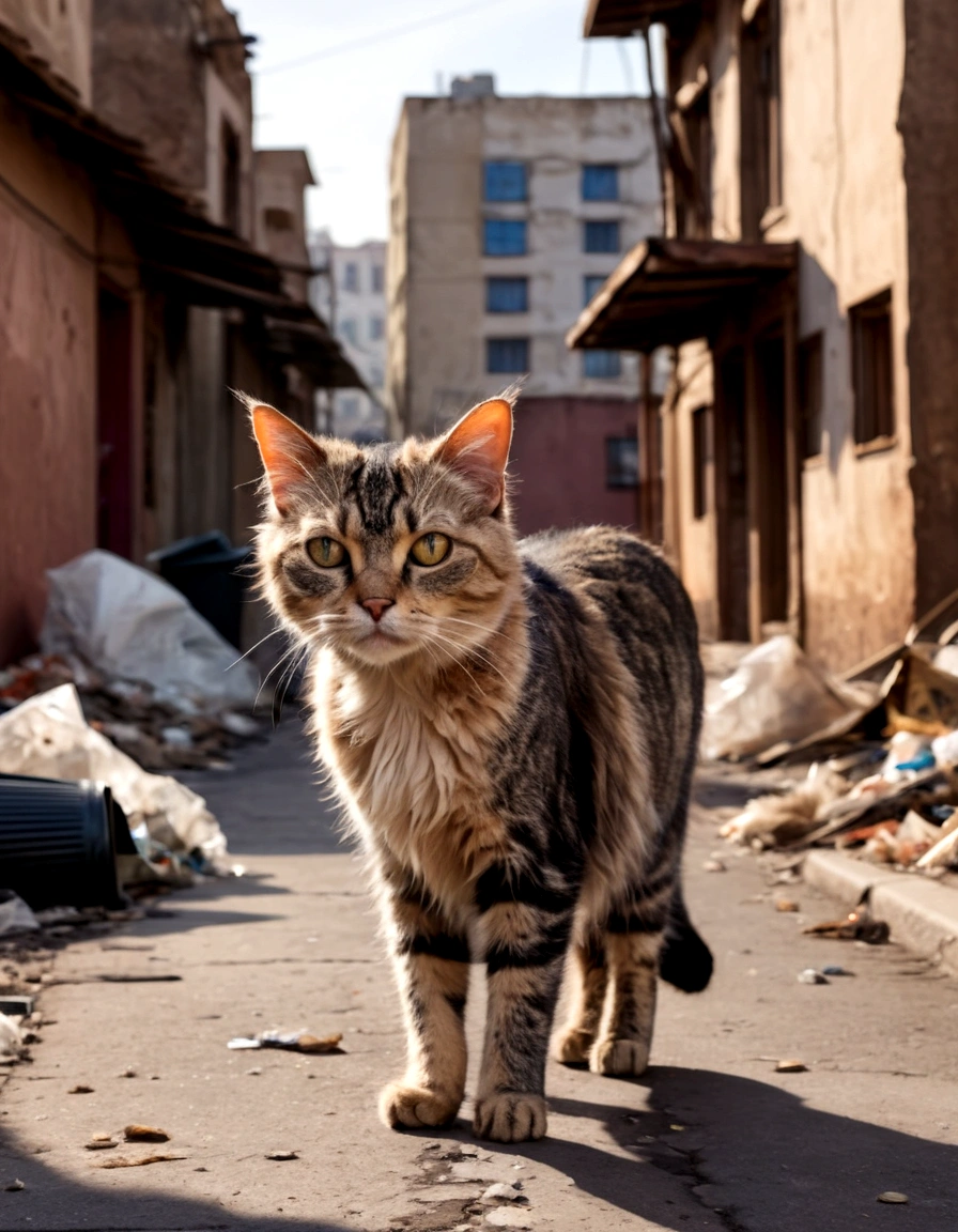 A stray cat with matted fur and sad eyes walks along an empty street. In the background, old buildings and scattered trash can be seen.