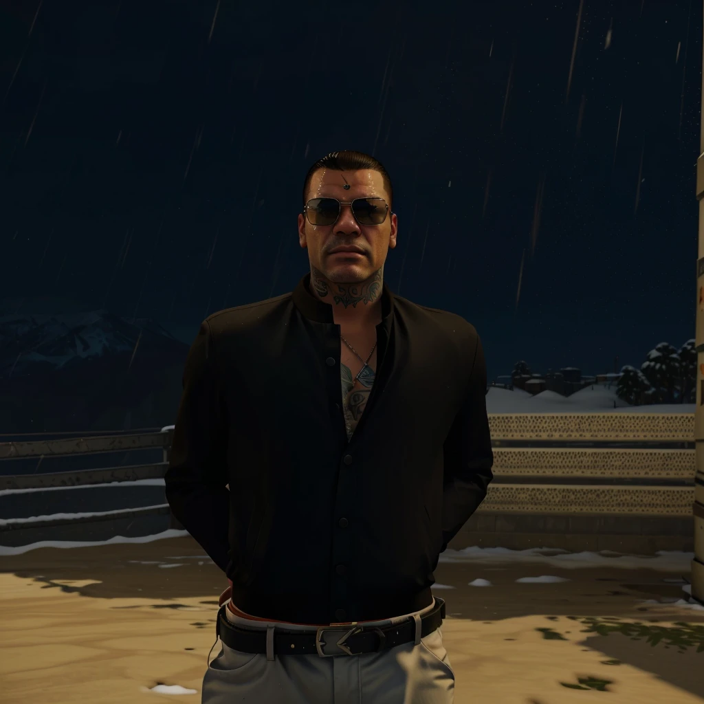 there is a man standing in the snow wearing sunglasses, gta 5 artwork style, style of gta v, gta v character, gta 5 mexican skin tone, realistic artwortk stlye, a member of a latin-american mafia, cool, bulldog vibe, semi-pro boxer, snob, ultra high quality, cinematic colors, realistic things, tattoos on the face and on the body