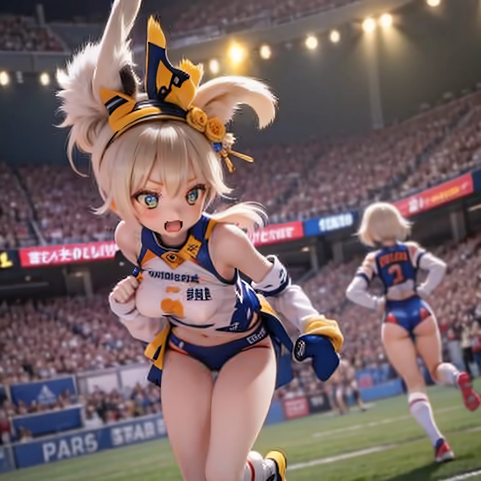 A group of wildcat girls in cute athletics uniforms, have large breasts, Attending a sporting event. The girls are energetic and enthusiastic, Show off your athleticism on the field. Their uniforms are bright and fitting...., Emphasize numbers. The athletics stadium is a dynamic stage, s are running, Jumping, And compete with each other. The workplace is full of excitement and competition... Image quality is excellent, Highly detailed and realistic visuals. The colors are vibrant and lively, Enhance the overall appeal of the image. The lighting is bright, Showcasing the energy and intensity of sporting events.Girl's masterpiece,Highest quality,Very athletic