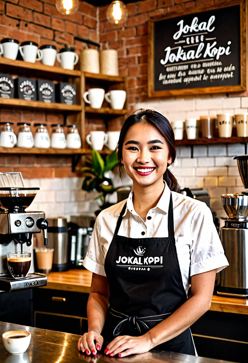 A beautiful barista wearing an apron with the text 'Jokal Kopi' on it. She is standing behind a coffee counter, smiling warmly, with a cozy coffee shop ambiance in the background