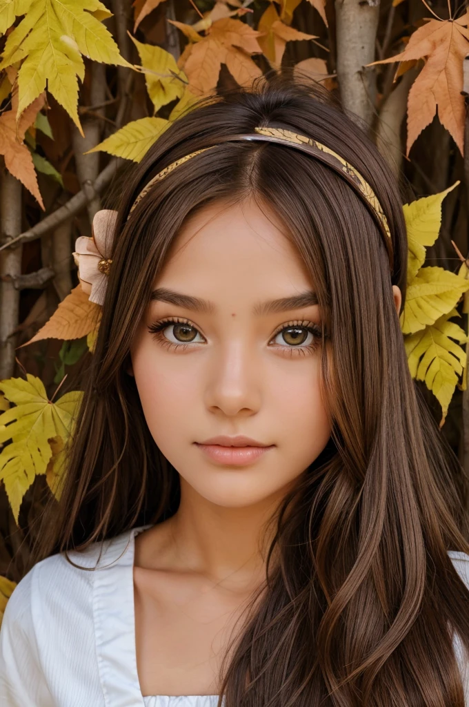 A girl with brown long hair leaf headband hazel eyes in jonin outfit and tall
