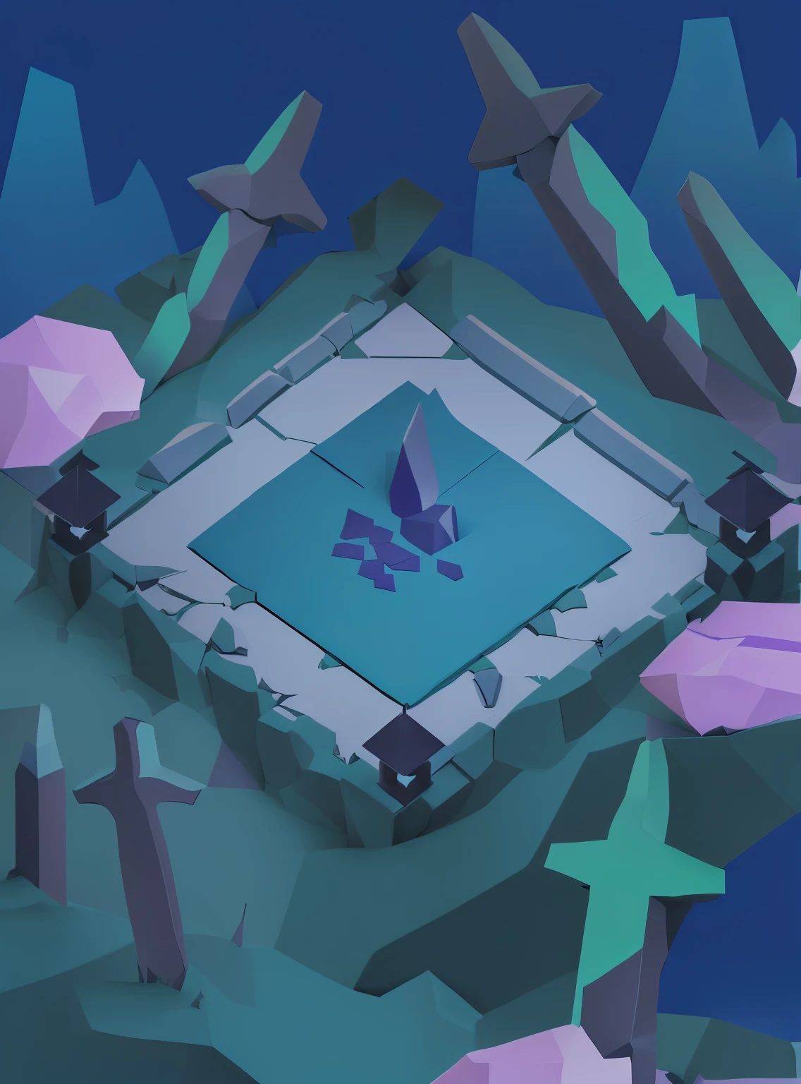 Blue background，There is a stone platform in the middle，Stone swords were stuck in the grass around，Game scene，Decorated with purple cherry blossoms，Low poly style，Low Poly Art