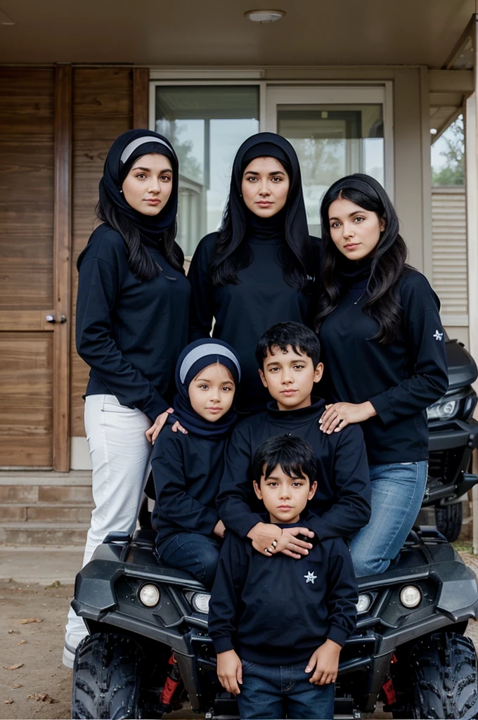 Realistic image of Family photo in front of  minimalis house Father and mother wear navy blue clothes with an ATV pattern, mother wears a hijab,  daughter with curly black hair wears an ATV picture, three year olaight black hair
