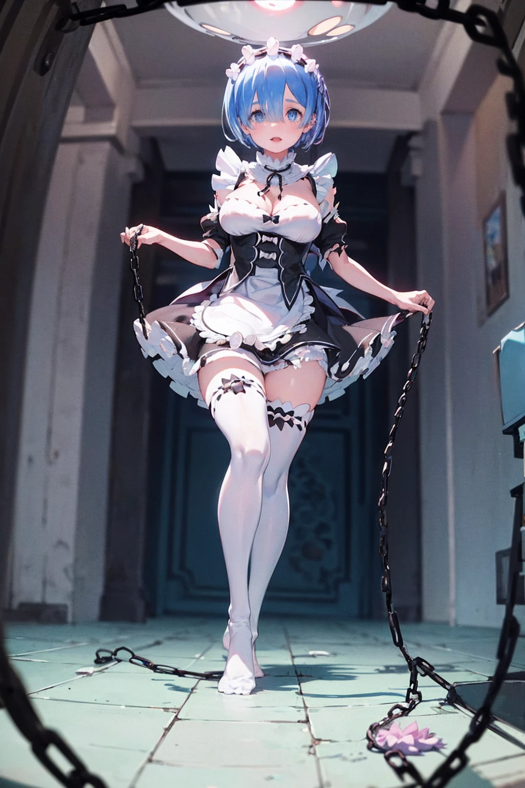 Rem tears off the chains、Plump、Show your pants、Fighting Pose、Weapons Morningstar、((Underground dungeon))、((The floor beneath my feet is crumbling))、((((Rem in chains)))),(((((Fisheye Lens)))))、((Super huge breasts))、(((Plump thighs)))、(((Rem from Re:Zero)))、looking at the camera、High qualityHigh quality、8ｋ、(((((Full body description)))))、Chest、Fantastic、(((((Torn maid uniform)))))、looking at the cameraで、barefoot、(((Tall Rem)))、Sweat splashes、Clothes are ripped off,(Torn knee-high socks)、