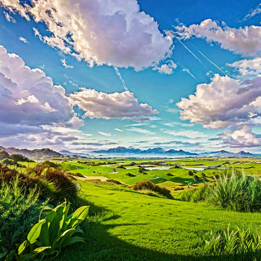 8K resolution grassland, blue sky, white clouds and bright sunshine