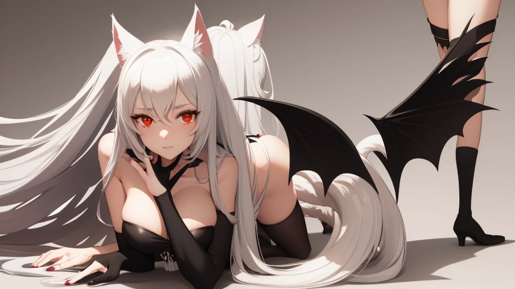 sex Girl with cat ears, furry cat tail and long white hair White furry tail with brown tip, bat wings. Red eyes. Slender body, large breasts Gothic dress”Full body