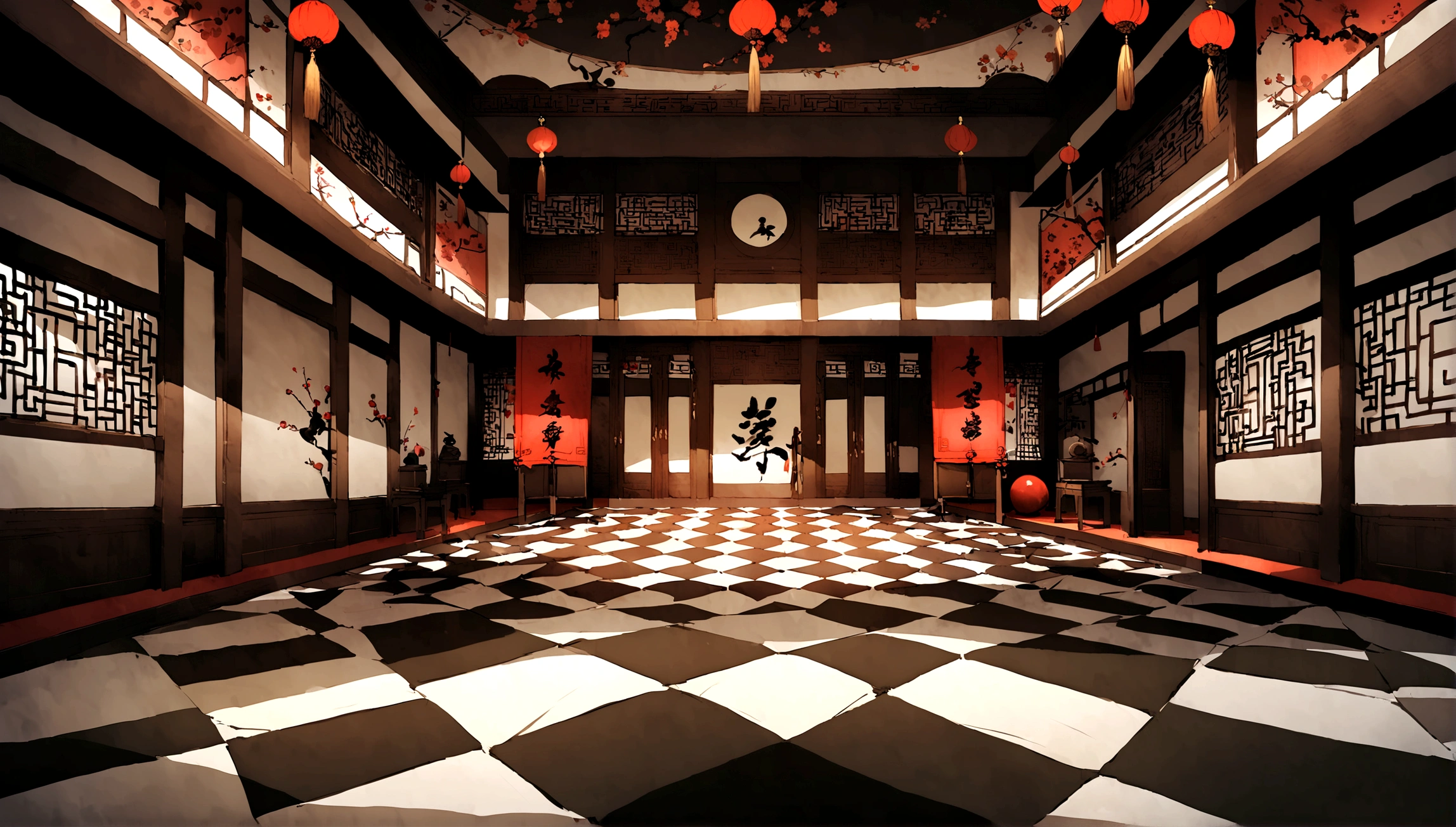 The core area of the Go Hall,Magnificent,The interior decoration is full of traditional Chinese elements,Ink Painting,calligraphy,Classical furniture,classic architecture,殿堂中央设有大型虚拟围棋checkerboard,Incorporating a lot of Go elements,checkerboard,piece,Game