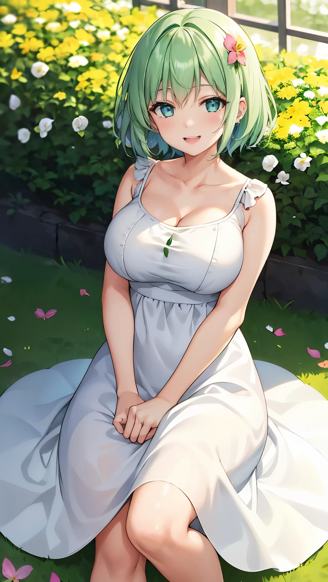 Girl with short green hair, Small size breasts, Small breasts、Green Eyes, White Casual Wear Beauty Special、(((tits))),Full body photo from head to toe、White dress、Colorful flower fields、Fluttering petals、A big smile when looking at the flowers