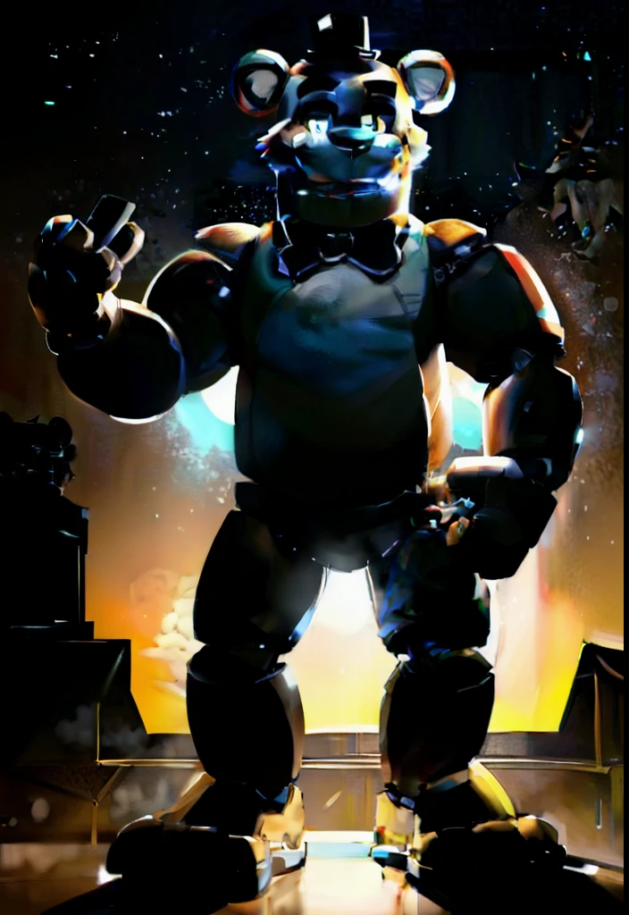 nj5furry, masterpiece, best quality, high resolution, digital painting \(artwork\), by (by canyne khai, (by takemoto arashi), by null-ghost, by kiyosan, by milkytiger1145), solo, 1male anthro, 1boy, furry, freddy fazbear, mecha, animatronic, joints, robot joints, robot, non-humanoid robot, ursid, bear, bear with brown fur, detailed fur, glowing fur, glowing body, clothed, white long sleeves shirt, red vest, black bow tie, top hat, standing on stage, beautiful eyes, detailed eyes, golden eyes, glowing eyes, glistening eyes, shadows, happy face, one eye open, one eye close, wink, winking, smile, glowing light particles, light particles, bubbles, glowing bubbles, clouds, shadows, indoors, bedroom, sunset, dusk, sunlight, sunrays, glowing, stars, shooting stars, sky, clouds, detailed clouds, lens reflections.