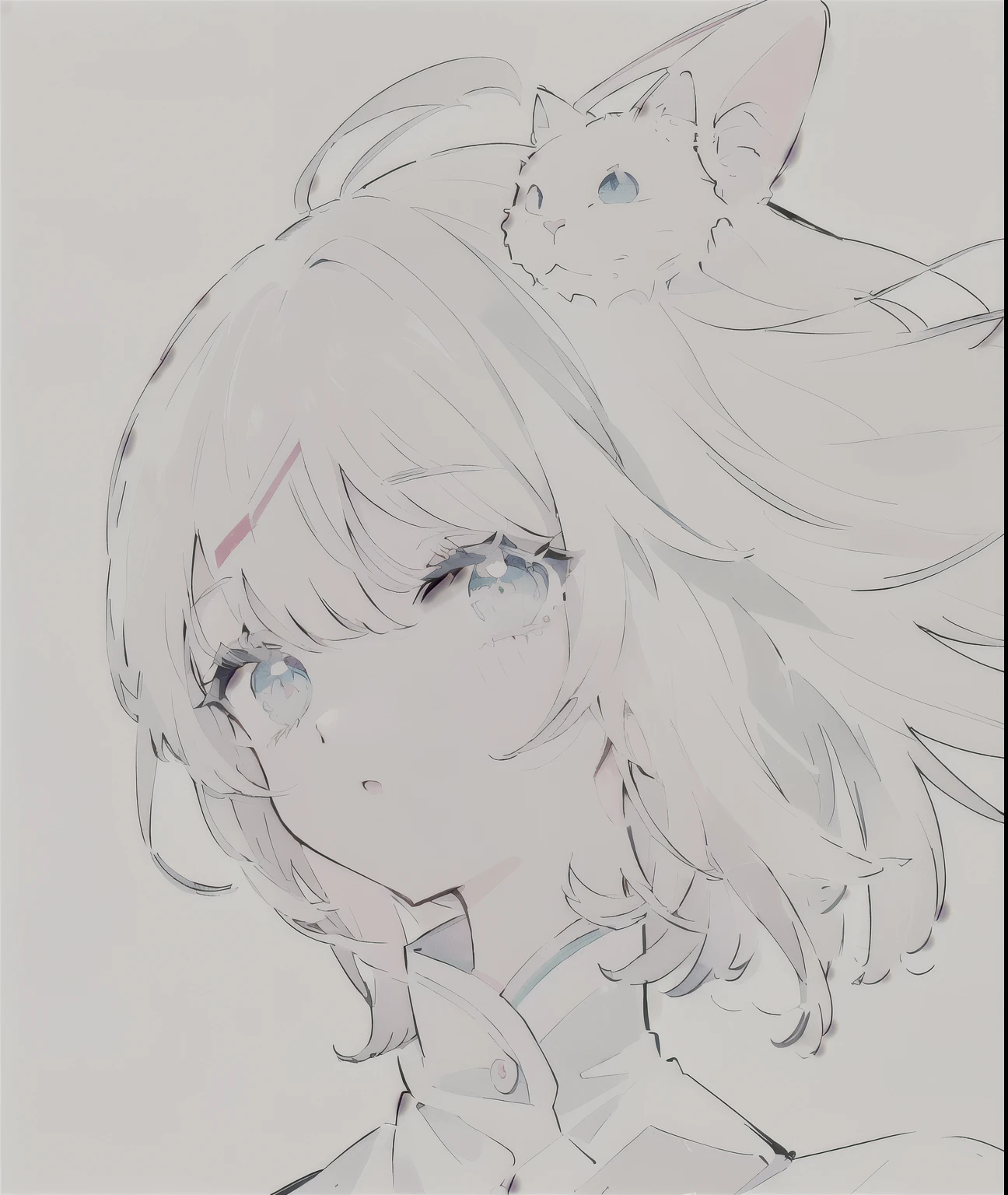 Drawing of a girl with a cat on her head, Anime Sketch, Anime Shadows), Line Drawing!!, Clear anime silhouette, 干净细致的Anime style, 扁平Anime style阴影, 半写实Anime style, Anime Shadows, Anime style, Anime style肖像, Delicate anime soft face, Line Drawing, Detailed portrait of anime girl, Mask Sketch, Portrait of anime girl