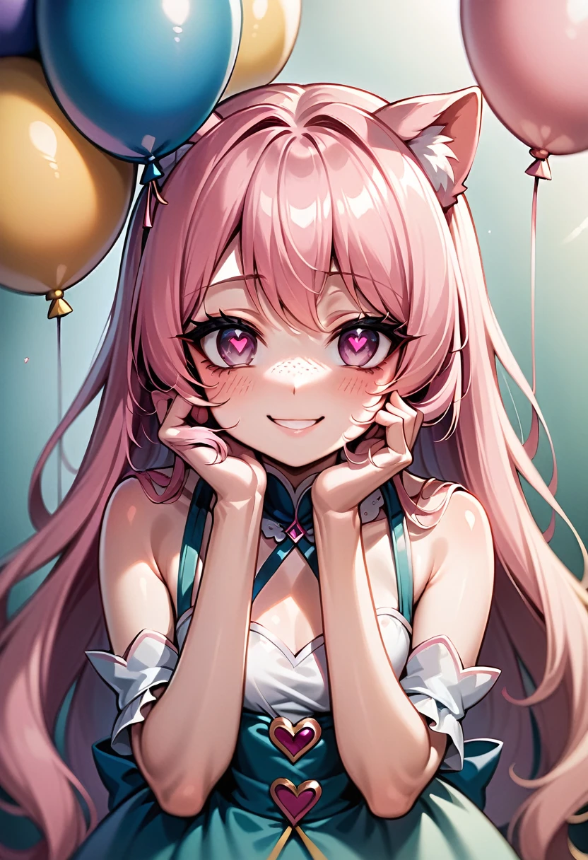 1 girl, PINK cat ears, long pink hair, bangs, ((pink hair color, pink eyes, bright rainbow colors theme balloons, very long eyelashes, fluorescent eyes, bright eyes)), silky hair, girly, (love, loving face, delighted expression, smile), frills, looking at viewer, (feet out of frame), illustration, (anime coloring), (masterpiece), (best quality), (intricate details), ai-generated, blush with white freckles on cheeks, (beautiful idol frill dress, heart-shaped pupils),