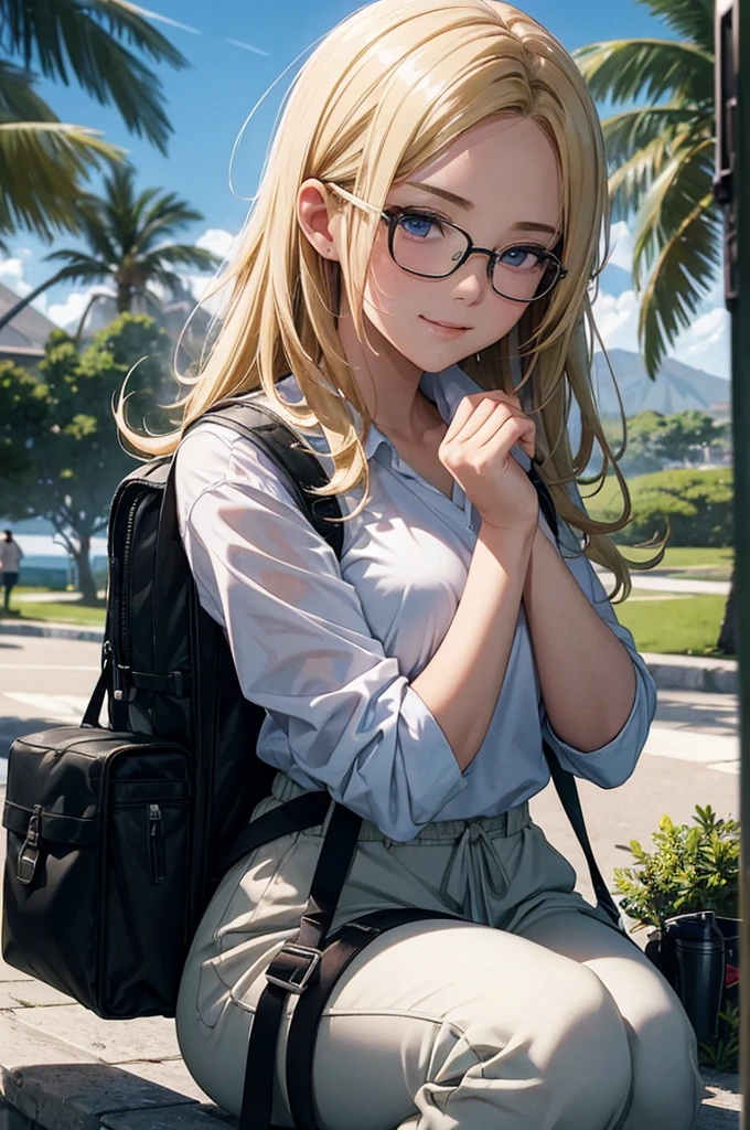 最high quality, high quality, High resolution, high quality texture, high quality shadows, High resolution, Beautiful details, Detailed CG, Detailed Texture, Realistic representation of face, Realistic, colorful, delicate, Cinematic Light, Side light, Lens flare, Ray Tracing, sharp concentrated, (1 Girl,concentrated:1.3), ( Intricate details, compensate, PureErosFaceV1:0.5), (細部まで美しいdelicateな顔, 緻密で美しいdelicateな瞳, Perfect Facial Proportions, Dense skin, Optimal ratio of four fingers to one thumb, Modest chest, Beautiful Hips, Smooth upper abdomen, blue eyes , glasses ,White shirt, mountaineering pants ,trekking shoes, work cap, Hawaii, Waikiki Beach ,buzzer, blue sky,trekking backpack ,adventure journey ,the gaze of true love, lips of temptation, A look full of compassion ,a smile full of love, i love you, Acting lovey-dovey, waist up, 35 years old, hiking,house wife,air fortress hair, blonde hair